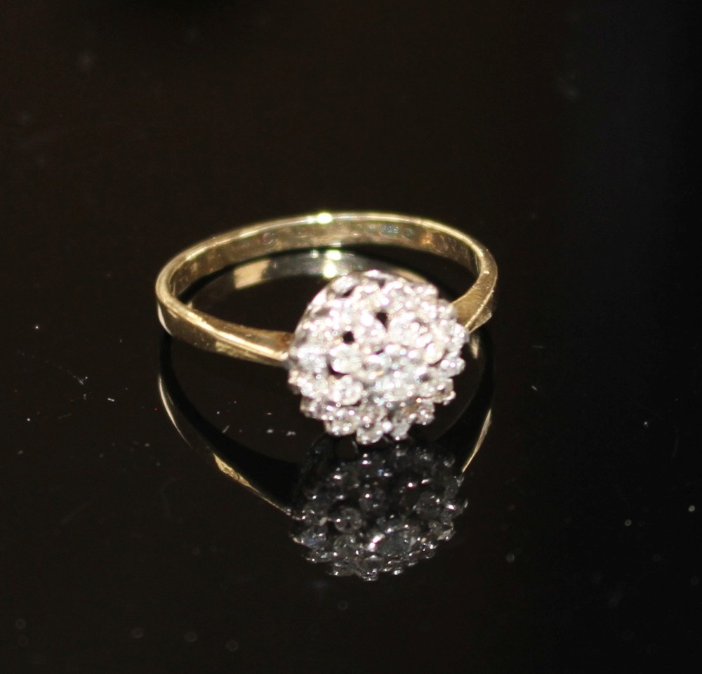 A modern 9ct gold and diamond cluster ring, size O, gross weight 2.2 grams.